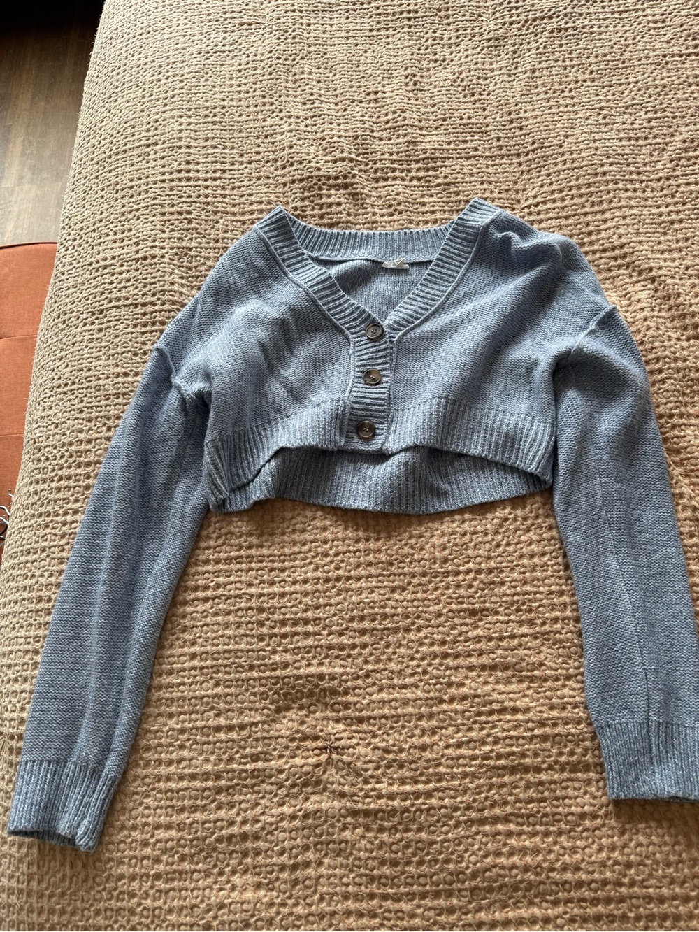 Garage Cropped V-Neck Button Cardigan in Light Blue